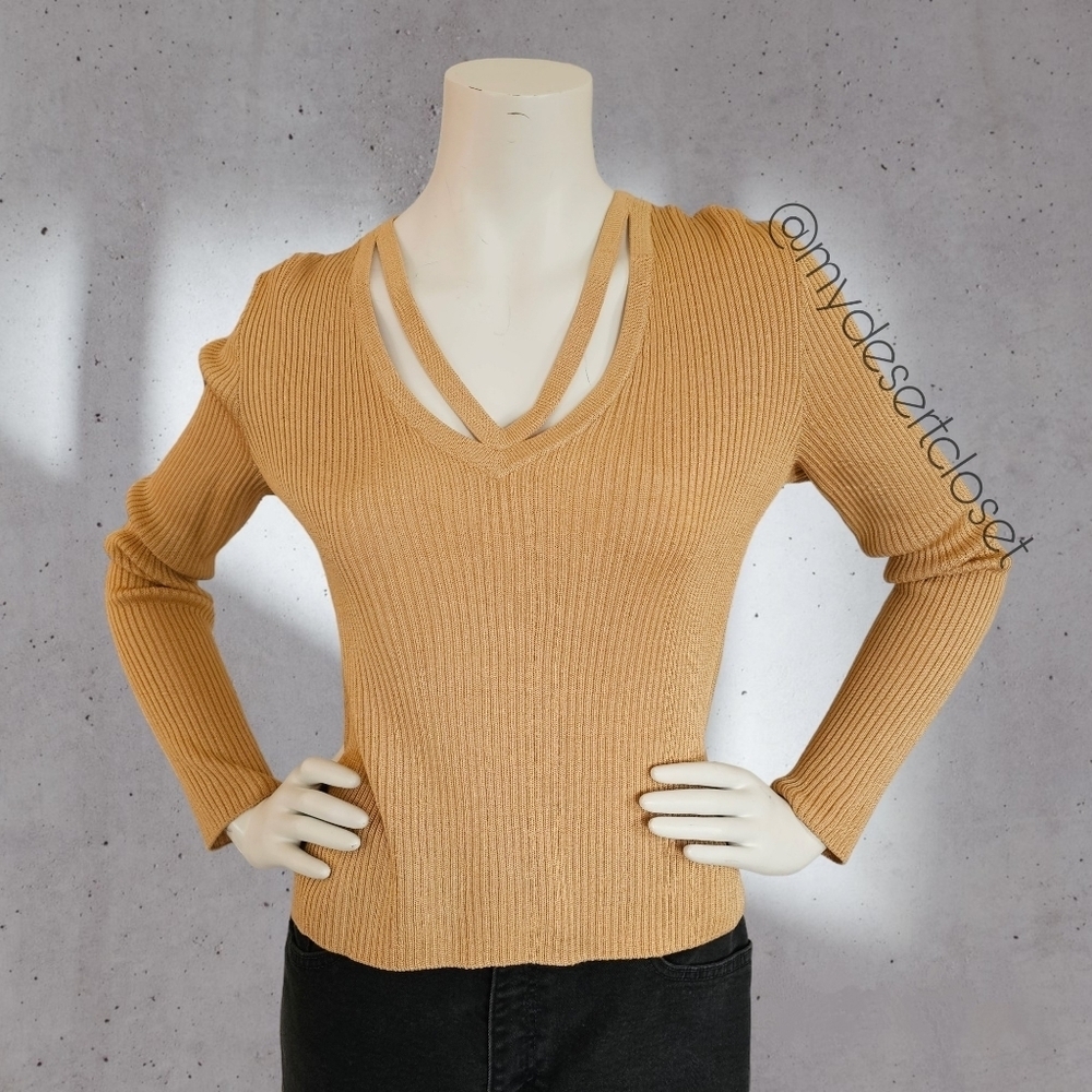 St. John Sport Gold Tone Cut Out Rayona Wool Ribbed-Knit Sweater